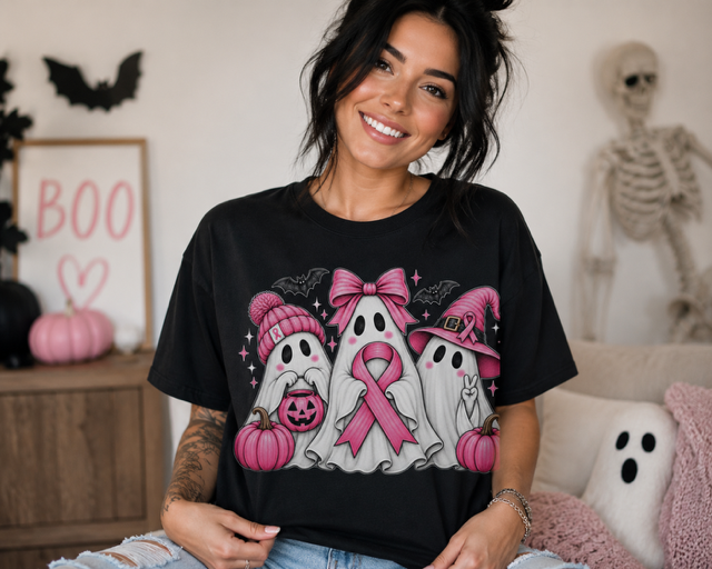 Pink Ribbon Ghosts T-Shirt | Breast Cancer Awareness Halloween Design