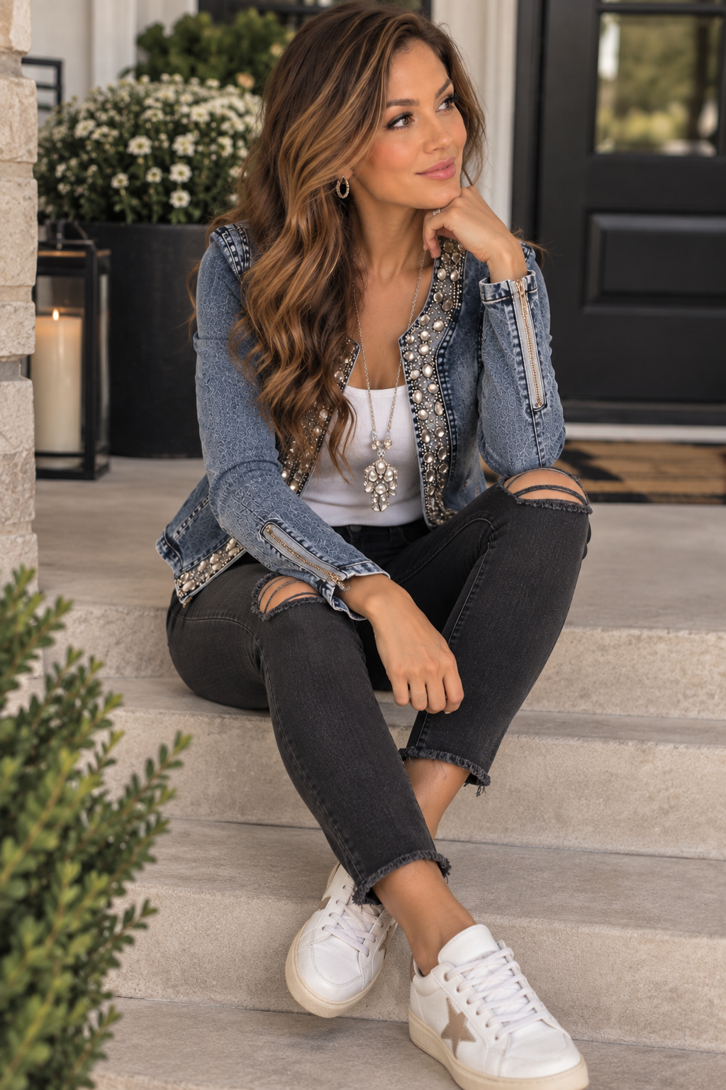 Rhinestone Sequin Retro Denim Jacket